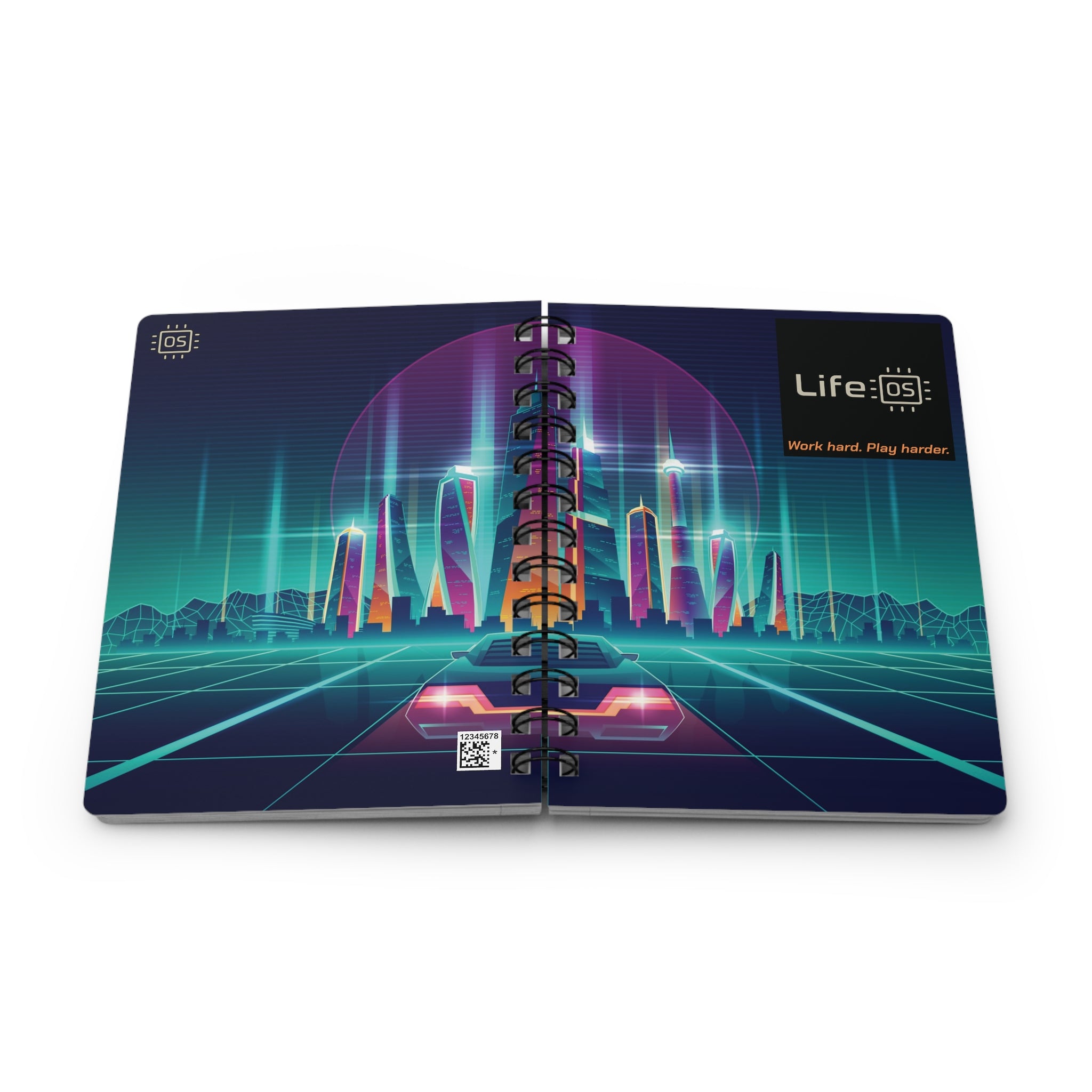 Life OS "Work hard. Play harder." Spiral Bound Notebook — Retro-Futuristic Cyberpunk Theme