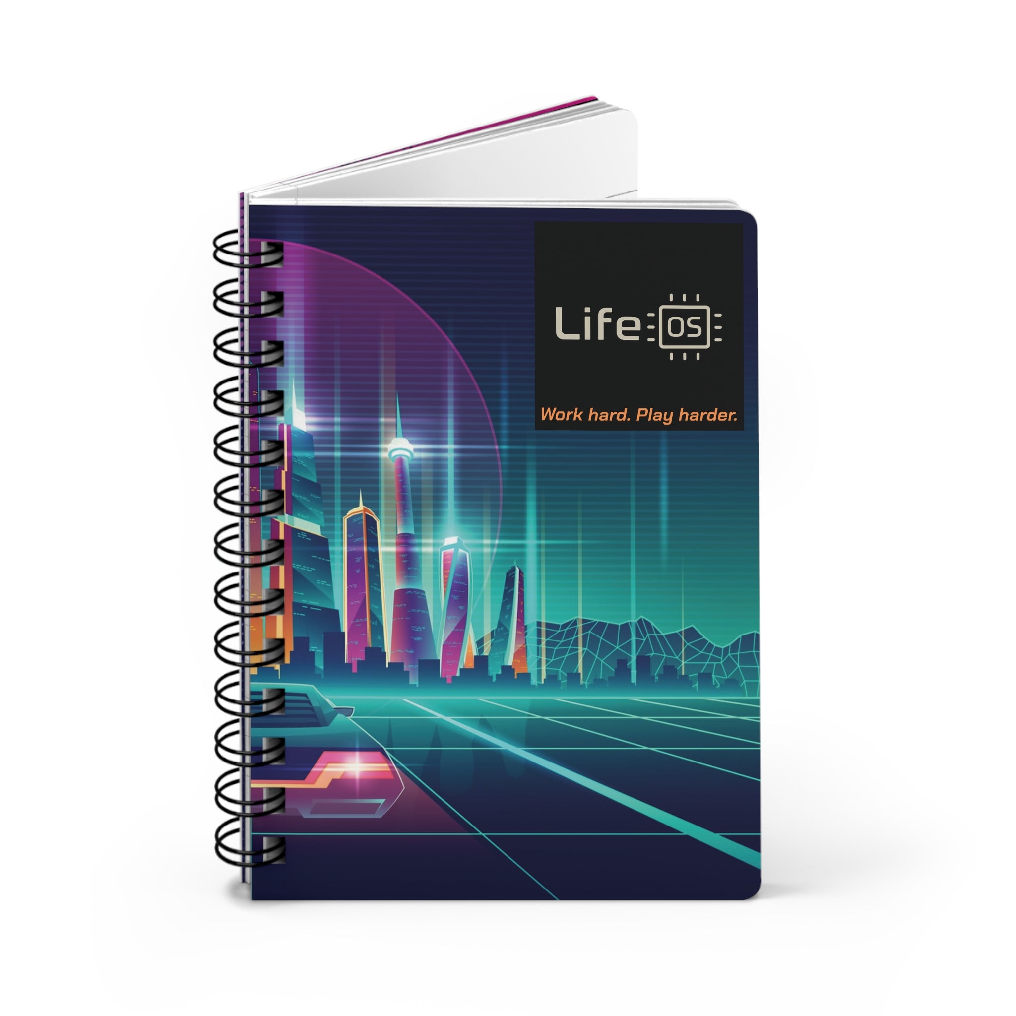 Life OS „Work hard. Play harder.“ Spiralgebundenes Notizbuch — Retro-futuristisches Cyberpunk-Design