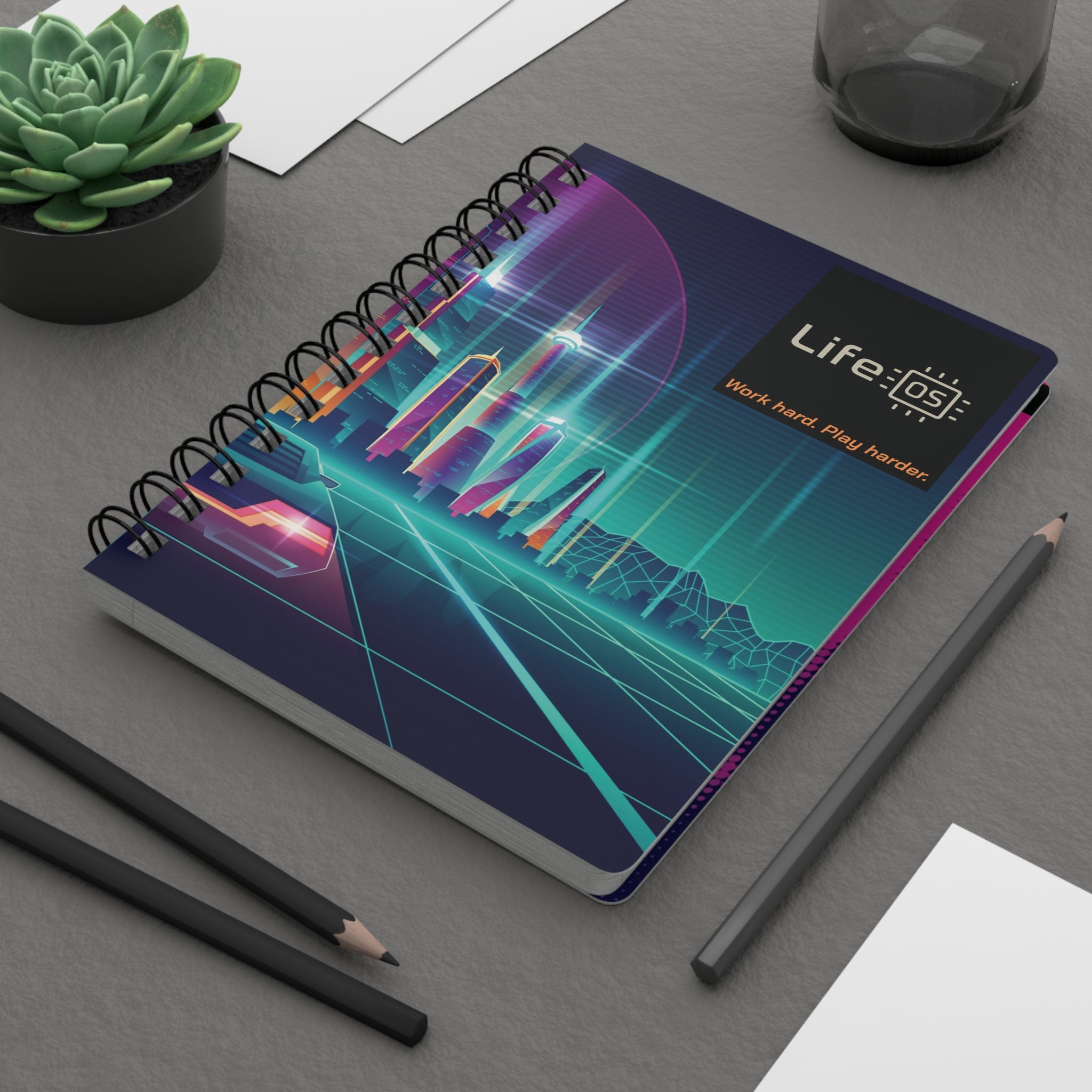 Life OS "Work hard. Play harder." Spiral Bound Notebook — Retro-Futuristic Cyberpunk Theme