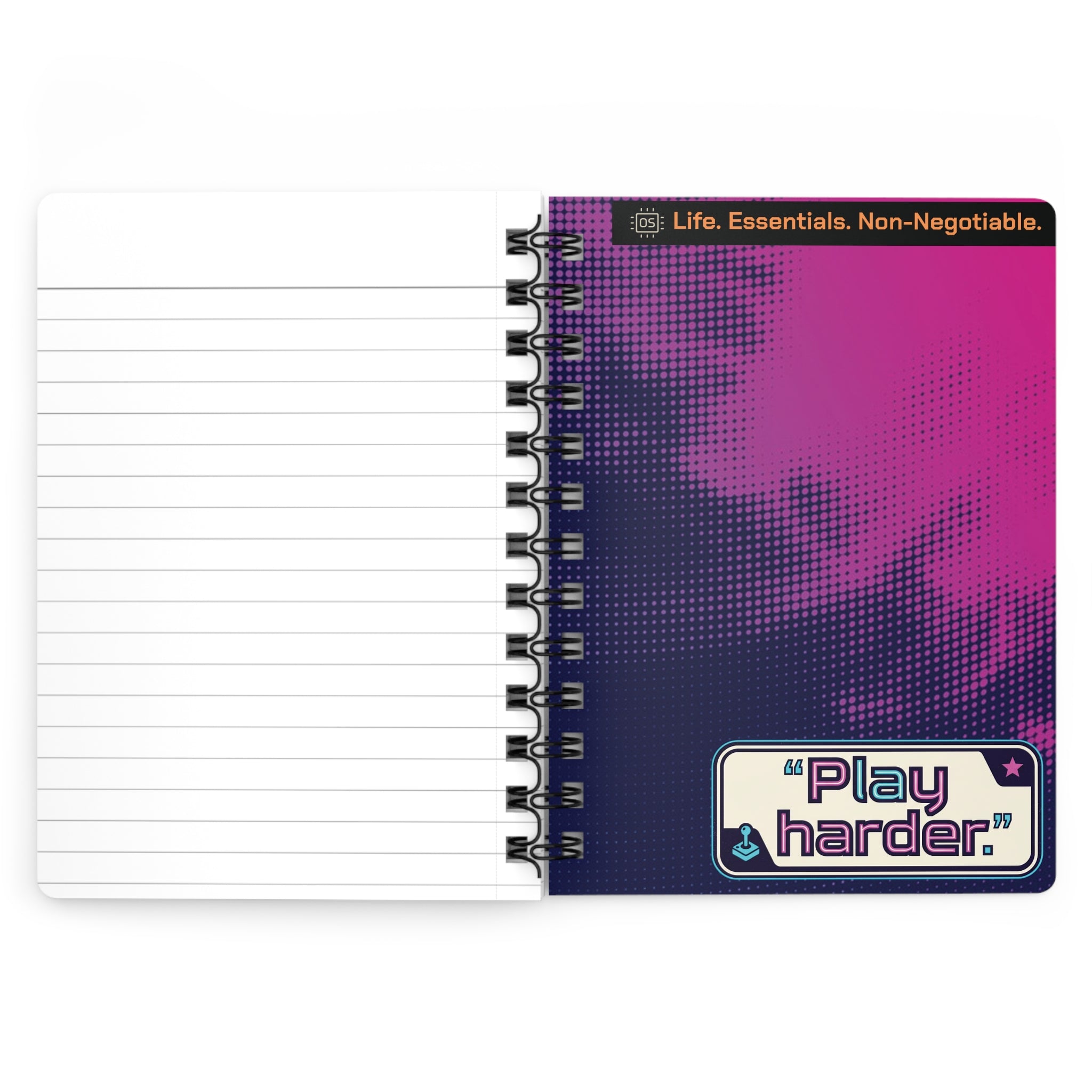Life OS „Work hard. Play harder.“ Spiralgebundenes Notizbuch — Retro-futuristisches Cyberpunk-Design