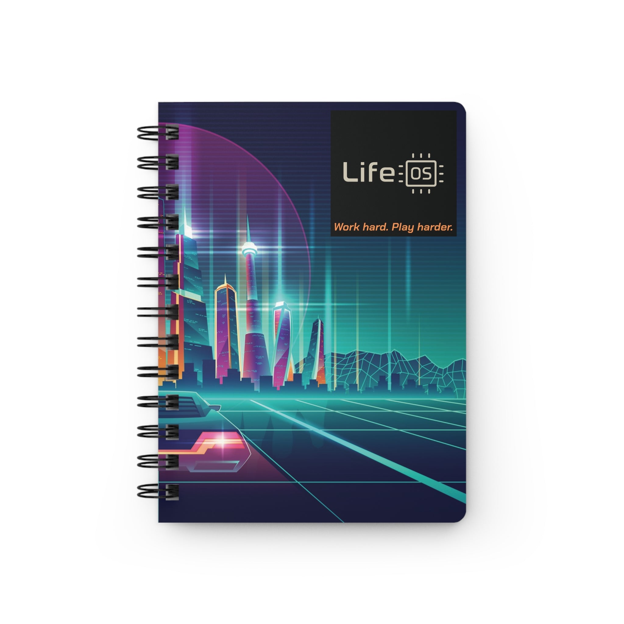 Life OS "Work hard. Play harder." Spiral Bound Notebook — Retro-Futuristic Cyberpunk Theme
