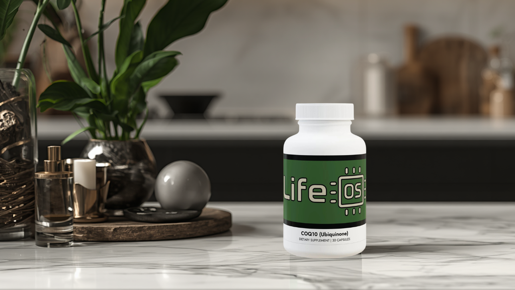 Bottle of the Life OS-branded CoQ10 supplement on a kitchen counter with plants and decor in the background