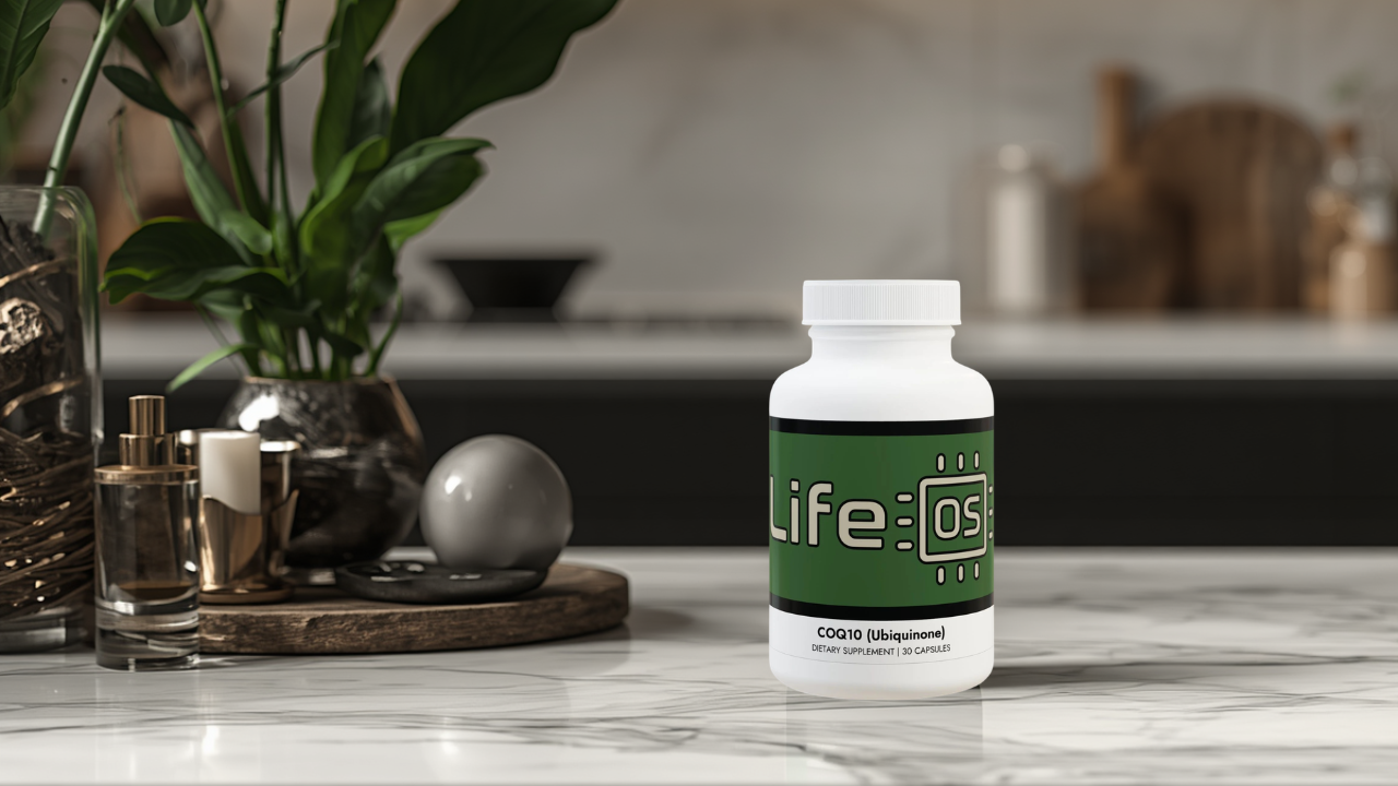 Bottle of the Life OS-branded CoQ10 supplement on a kitchen counter with plants and decor in the background